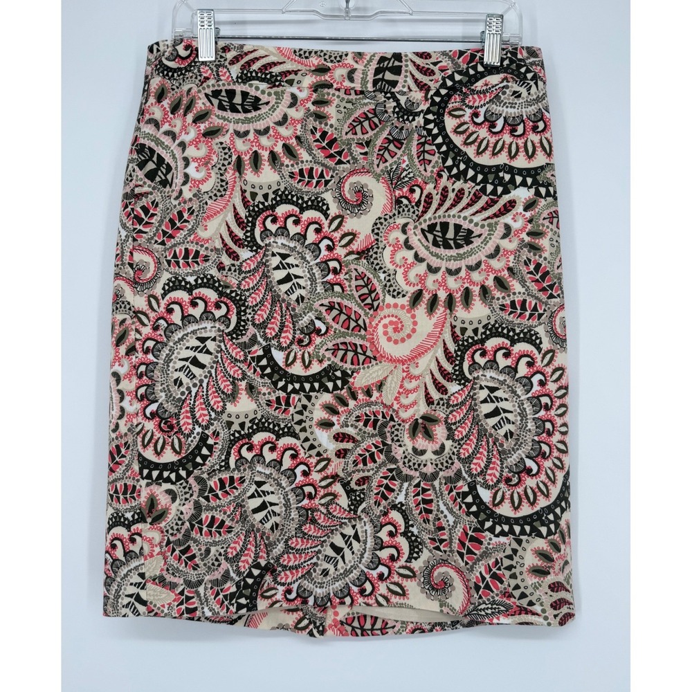 Van Heusen Studio Pencil Skirt Womens 8 Pink‎ Olive Paisley Cotton Excellent